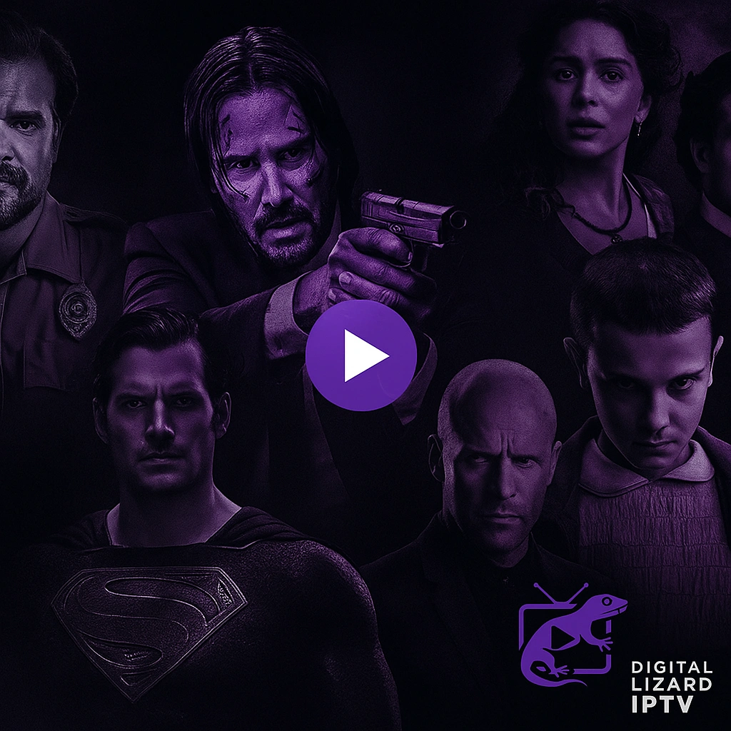 Cinematic collage of popular movies and TV shows for Digital Lizard IPTV with a sleek dark background, purple highlights, and a small logo watermark.