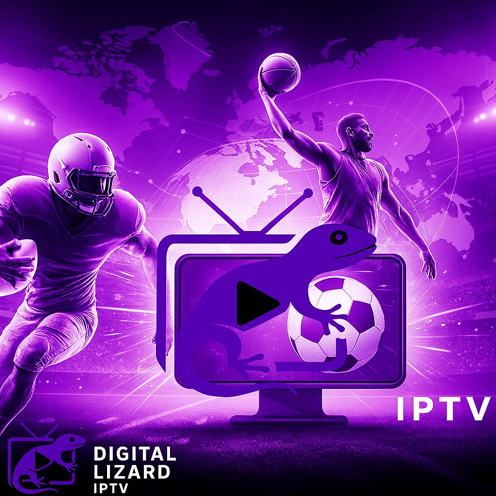 Action-packed sports graphic for Digital Lizard IPTV featuring football, basketball, and global sports content in a high-tech streaming design with purple, white, and black tones.