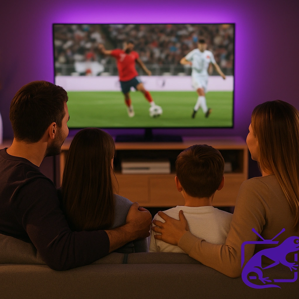Realistic image of a family on a cozy couch watching a soccer match on a large flat-screen TV with a purple and black IPTV brand theme and a Digital Lizard IPTV logo watermark.